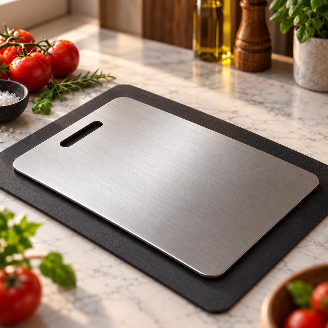 Illustrative visualization of a titanium cutting board in a modern kitchen setting